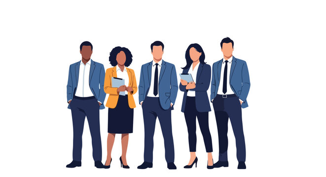 A diverse group of five professionals, including men and women of various ethnicities, stand confidently in business attire, representing teamwork and corporate success.