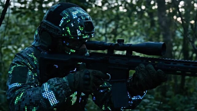 Soldier in high-tech camouflage aims rifle in dense forest, illuminated by ambient light, showcasing tactical readiness and stealth in a natural environment