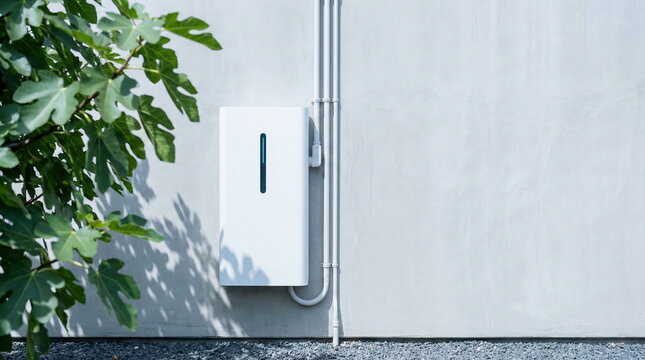Modern white EV charger or energy storage device on a minimalist concrete wall with green leaves. Focus on sustainable home energy solutions.