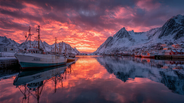 Golden Winter Sunrise Over Ramberg Village Harbour with Snow Covered Coastal Landscape