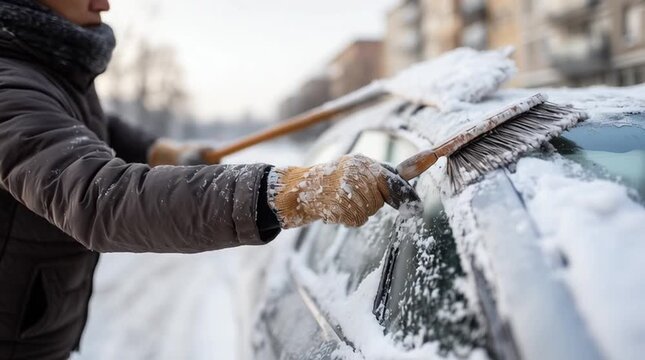 Person kratzt im Winter Eis und Schnee von einer Autoscheibe in der Stadt. Alltagsszene bei K&auml;lte, Symbol f&uuml;r Winter, Mobilit&auml;t und Vorbereitung auf den Stra&szlig;enverkehr bei frostigem Wetter.