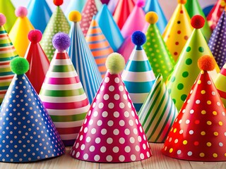 A vibrant collection of colorful party hats with pom-pom toppers, arranged closely together for a festive celebration
