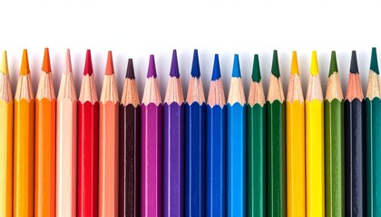 A colorful array of sharpened pencils in a rainbow spectrum, arranged in a row