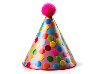 A festive pink party hat adorned with colorful polka dots and a fluffy pom-pom on top, perfect for celebrations