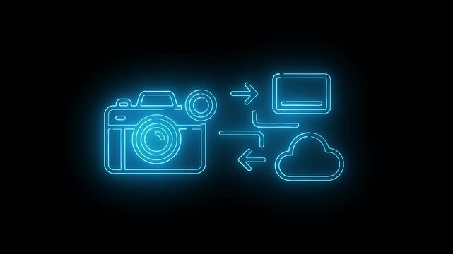 Neon blue line art of a camera transferring data to a computer and cloud storage on a black background with white space.