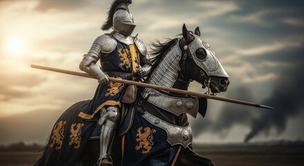 Fototapeta premium Knight in Full Armor Riding a War Horse