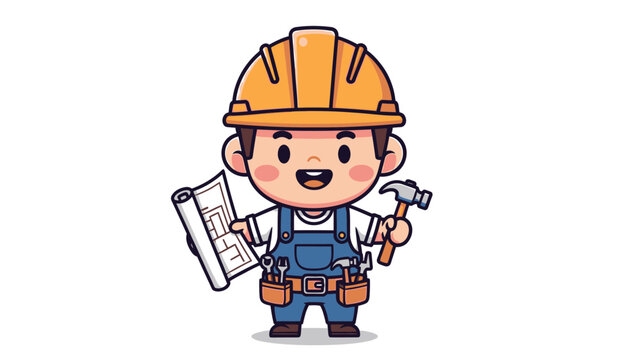 Cartoon Builder with Hard Hat and Tools.
