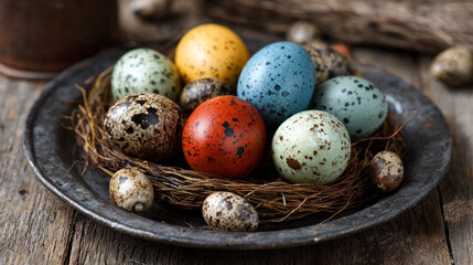 Obraz premium A lovely background for Easter. A metal plate with a nest of Easter eggs set against a hardwood backdrop. eggs from quail. The idea of a happy Easter 