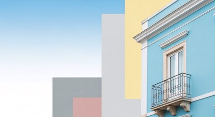 Obraz premium Vibrant blue building with balcony against clear blue sky