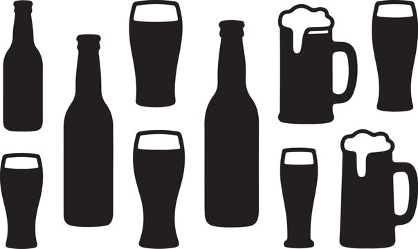 Naive beer silhouette set, variant flat black beer art vector illustration