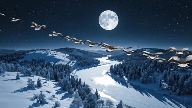 Flock of Geese Flying Over Snowy Landscape Under Full Moon at Night
