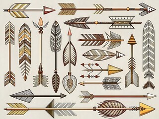Collection of vintage tribal arrows featuring intricate feather designs and geometric patterns