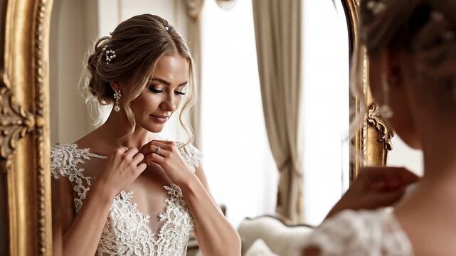 Bride looking at her reflection in a vintage mirror. Woman in a lace wedding dress getting ready indoors. Wedding preparation concept