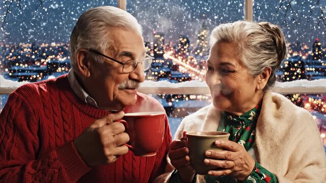 Elderly Couple Enjoying Hot Drinks by Snowy Window With City Lights Background