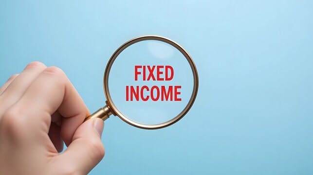 A hand holding a magnifying glass with the words FIXED INCOME on a light blue background from a close-up viewpoint