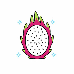 Stylized illustration of a halved white dragon fruit with pink skin and green accents