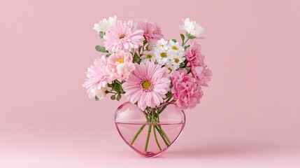 Fototapeta premium Elegant bouquet of pink flowers in heart glass vase on soft pastel background with romantic spring mood