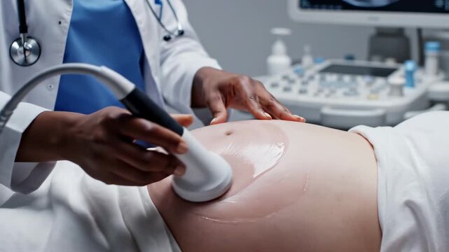 Sonographer Glides Probe Across Pregnant Abdomen, Close Up Of Hand Applying Gel And Moving Transducer While Machine Captures Fetal Images In Clinical Examination Room, Precise Diagnostic