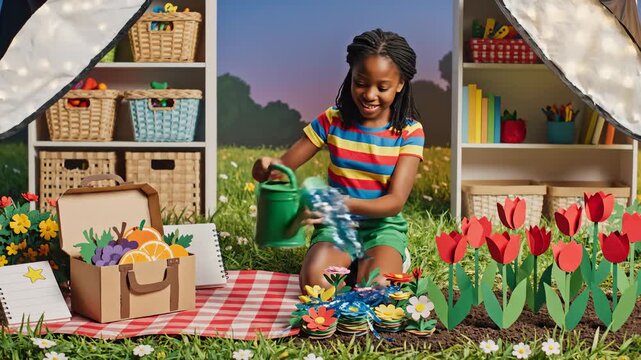Young Girl Watering Paper Flowers in a Backyard Picnic Setting, Close Up