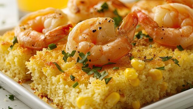 Close-up of baked cornbread topped with grilled shrimp and fresh parsley on a square dish