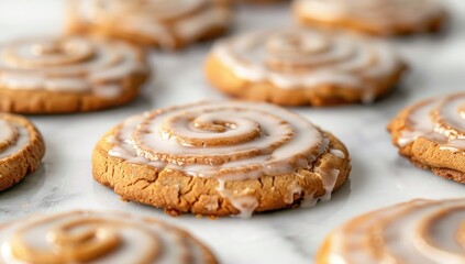 Fototapeta premium Close-up of baked, swirled cookies topped with white icing, on a marble surface