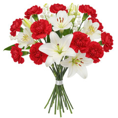 Fototapeta premium Elegant bouquet of red carnations, white lilies, and lily of the valley isolated on white background