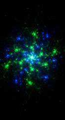 Obraz premium Image of bright green and blue spot on a black background, resembling starlight, representing vastness, unknown space, and cosmic concept