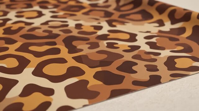 Close-Up of a Leopard Print Fabric Unrolling on a White Surface