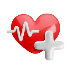 Vector cartoon 3d cardiology icon. 3d render of red heart with white pulse line and plus cross. Heartbeat rate sign. Medicine, hospital, first aid, cardiogram symbol for medical cardio app, web, icon.