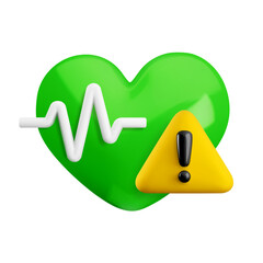 Vector cartoon 3d cardiology warning icon. 3d render of green heart with pulse line, exclamation mark triangle sign. Heartbeat rate danger notification. Cardiogram attention symbol cardio monitor app