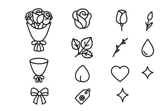 Red Roses Icon Set. Red roses bouquet close-up. Line outline icon set of Red roses bouquet close-up: rose