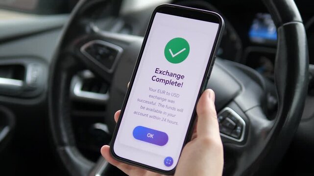 Successful EUR to USD exchange confirmation on a smartphone screen. Person using banking app while in a vehicle. Great for international travel, global economy, and online investment content. Modern