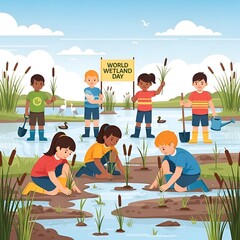 Children celebrate World Wetland Day outdoors.