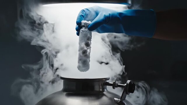 Gloved Hand Lifting Frozen Straw From Dewar With Billowing Nitrogen Vapor, Dramatic Fog, Careful Retrieval Of Cryostorage Sample, Safety Gloves And Controlled Lab Environment