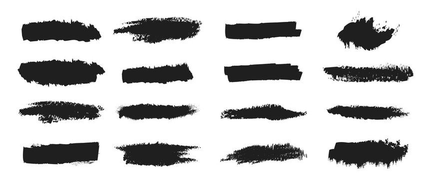 Black grunge brush stroke set. Rough ink paint lines and censorship bars. Vector texture banners.
