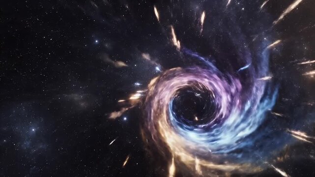 Cinematic motion footage of a powerful cosmic black hole vortex swirling in deep space with glowing stars.