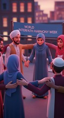 Diverse people holding hands in circle.