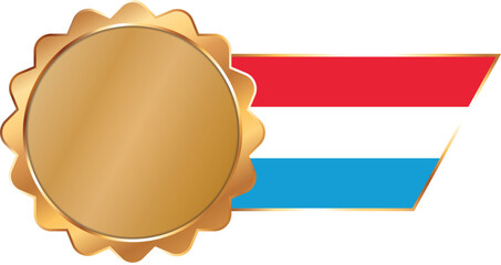 A shiny gold award seal featuring a circular metallic center with a flag of Luxembourg on ribbon with gold outline