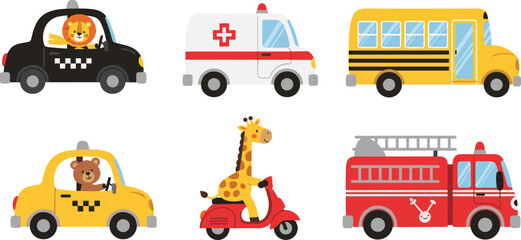 Cute cartoon vehicle illustration set with animal drivers, including taxi, ambulance, school bus, fire truck, and scooter, colorful kids transportation collection © Shafik Creatives