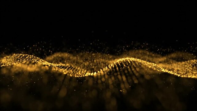 Golden particles flowing in a wavy pattern against a dark background.