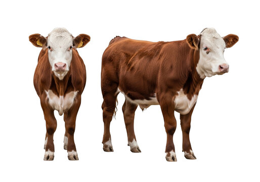 Two brown cows with white faces standing together isolated on transparent background