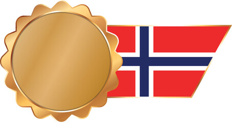 A shiny gold award seal featuring a circular metallic center with a flag of Norway on ribbon with gold outline