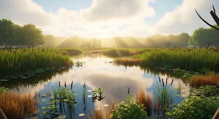 Serene landscape with pond and vegetation.