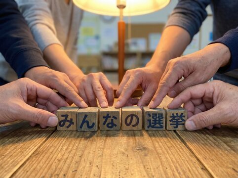 複数の人が協力して「みんなの選挙」の積み木を並べる団結のシーン