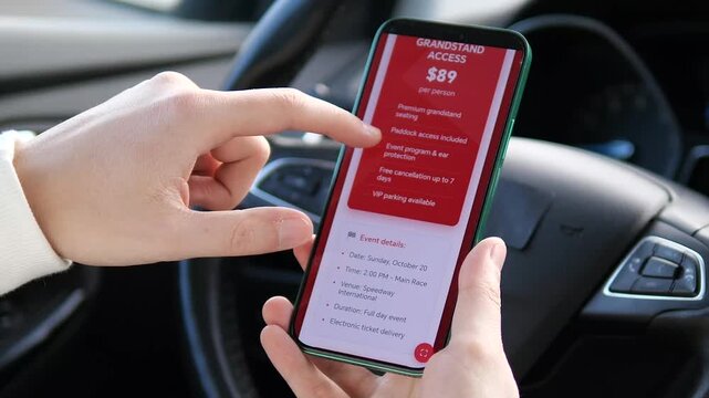 High-quality footage of a ticketing app interface. Buying racing event tickets via smartphone: from paddock selection to e-ticket confirmation. Ideal for fintech marketing, app development demos, and