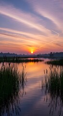 Serene sunset over calm lake water.