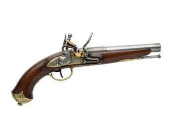 Antique flintlock pistol with intricate engravings and wooden grip isolated on transparent background