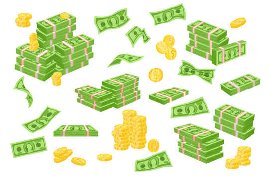 Gold coins and stack of money cartoon illustration set
