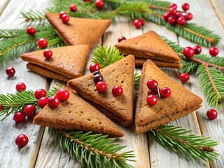 Festive triangular gingerbread cookies decorated with fresh cranberries and pine needles on a rustic wooden surface
