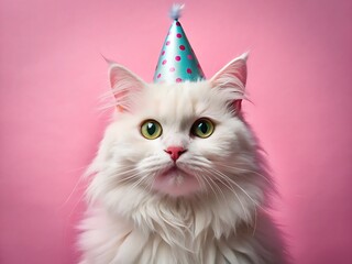 A fluffy white cat wearing a party hat on a pink background, ready for a celebration
